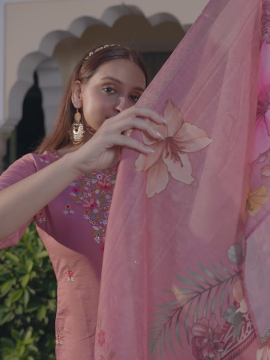 Embroidered Roman Silk Solid Pink Kurta