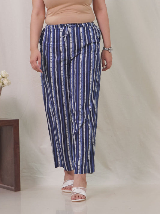Soft Cotton Striped Blue Straight Trousers
