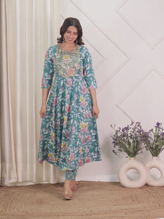 Embroidered Kantha Cotton Floral Anarkali Green Kurta