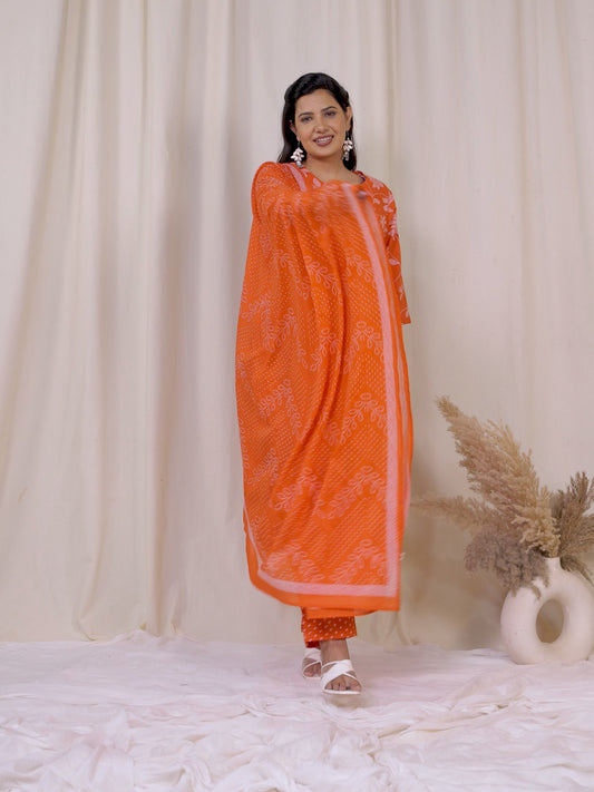 Soft Cotton Bandhani Straight Orange Kurta