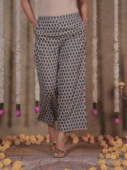 Soft Cotton Floral Blue Flared Trousers