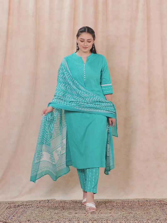 Embroidered Kantha Cotton Woven Design Straight Turquoise Kurta