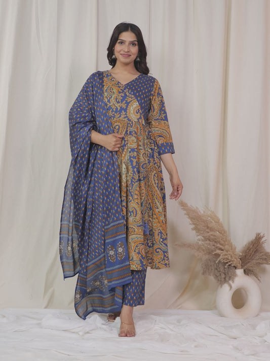 Embroidered Soft Cotton Paisley Angrakha Blue Kurta