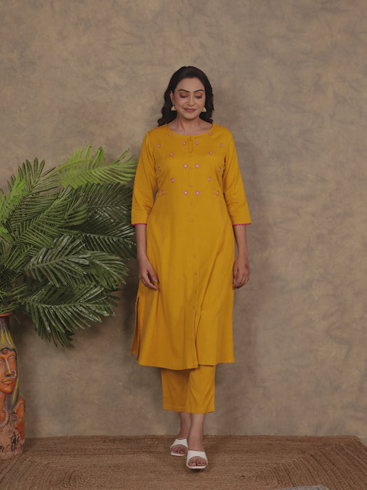 Embroidered Linen Cotton Solid A-line Mustard Kurta