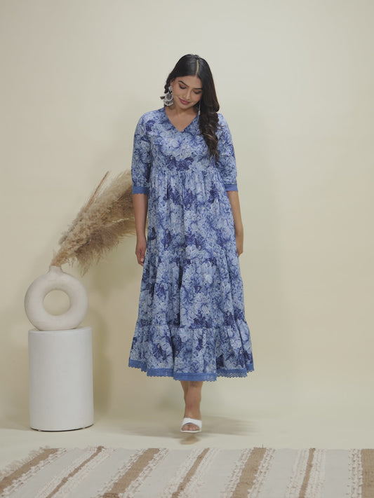 Soft Cotton Floral Flared Blue Dress