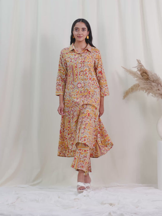 Soft Cotton Patchwork Print High Low Green Kurta