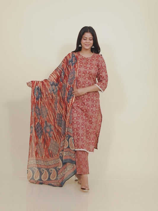 Kantha Cotton Ajrakh Straight Rust Kurta