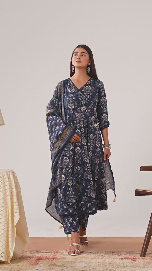 Soft Cotton Floral Anarkali Navy Blue Kurta