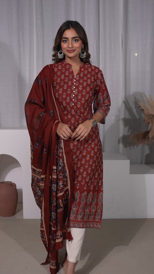 Soft Cotton Butti Straight Red Kurta