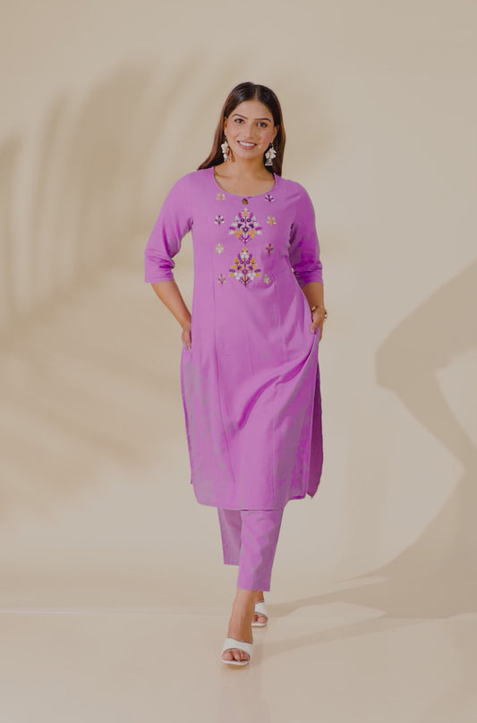 Embroidered Linen Cotton Solid Panelled Purple Kurta