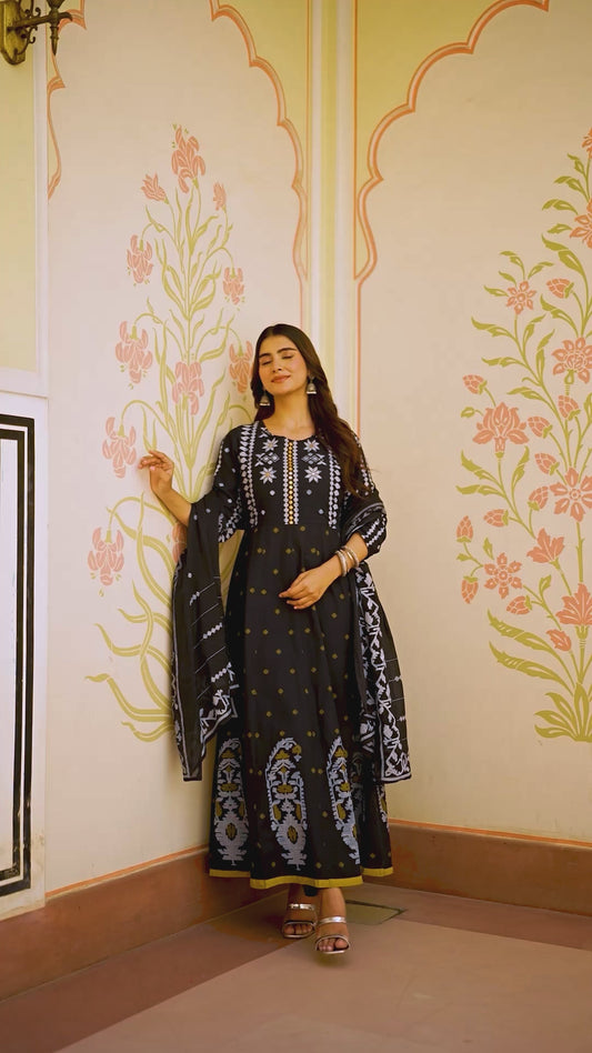 Embroidered Soft Cotton Geometric Anarkali Black Kurta