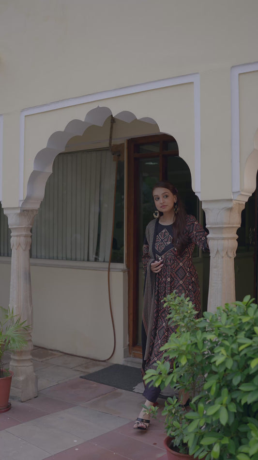 Embroidered Soft Cotton Geometric Flared Rust Kurta