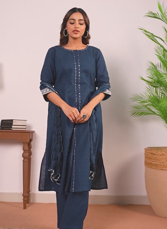 Embroidered Cotton Jacquard Solid Flared Blue Kurta
