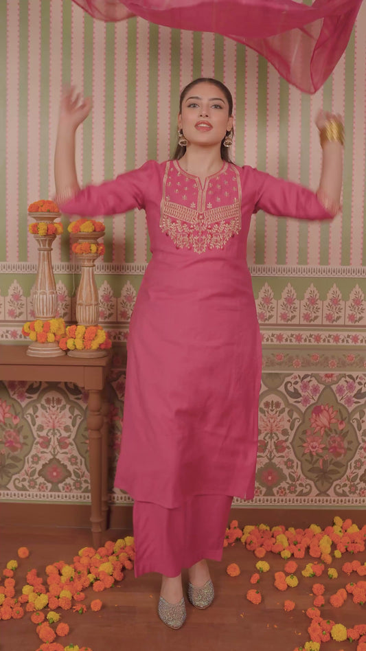 Embroidered Blended Silk Solid Straight Pink Kurta