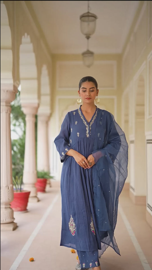 Embroidered Blended Silk Solid Anarkali Royal Blue Kurta