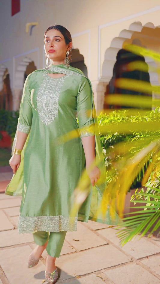 Embroidered Poly Silk Solid Mint Green Kurta
