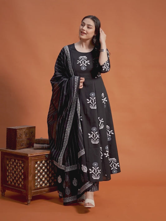Soft Cotton Floral Anarkali Black Kurta