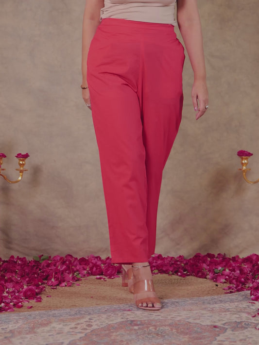 Soft Cotton Solid Red Straight Trousers