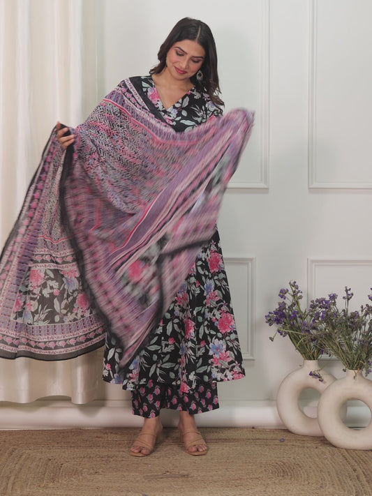 Soft Cotton Floral Flared Black Kurta