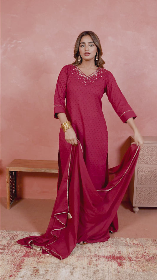 Embroidered Cotton Dobby Solid A-line Maroon Kurta