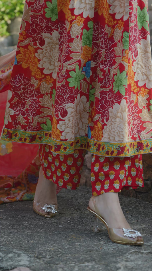 Embroidered Soft Cotton Floral Anarkali Red Kurta
