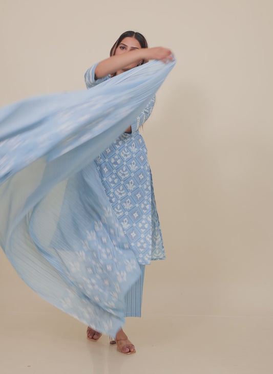 Soft Cotton Ikat Straight Blue Kurta