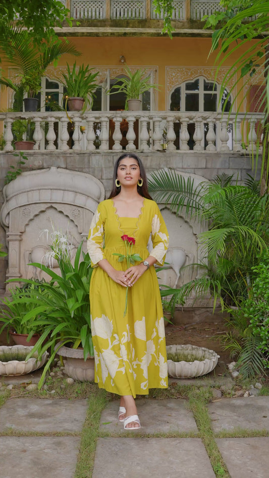 Embroidered Soft Cotton Placement Print Flared Lemon Yellow Dress