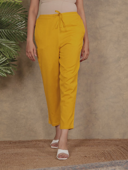 Linen Cotton Solid Mustard Tapered Trousers