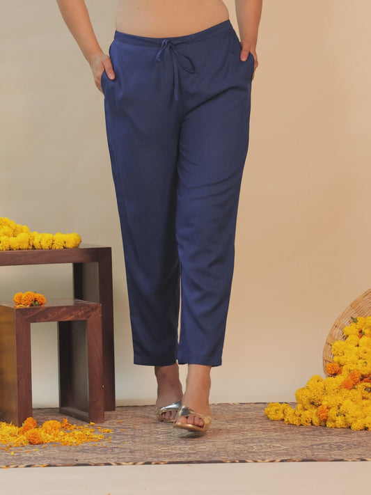 Viscose Solid Blue Tapered Tapered Trousers
