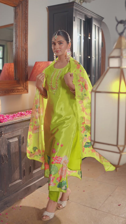 Embroidered Blended Silk Floral Lime Green Kurta