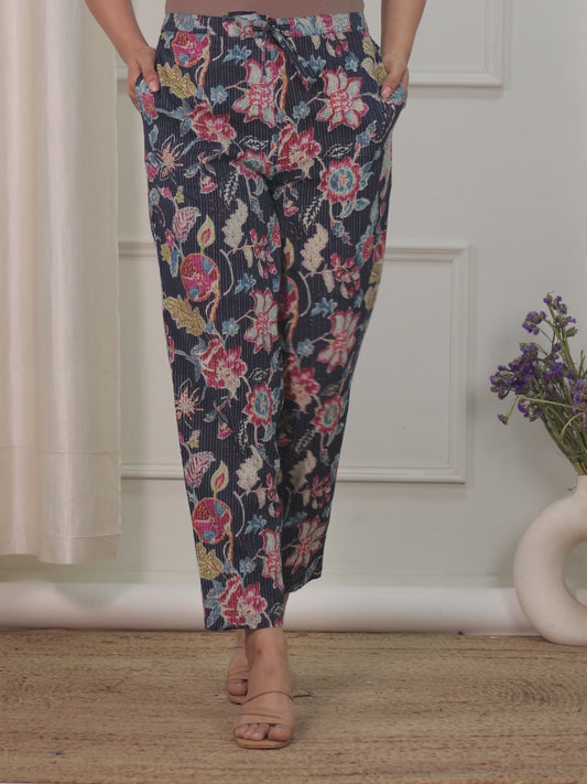 Kantha Cotton Floral Blue Tapered Trousers