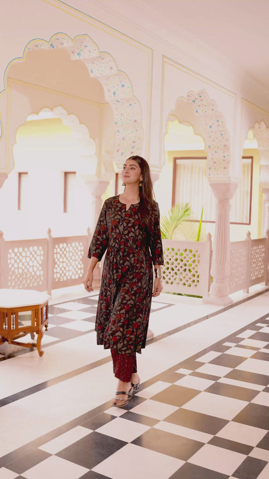 Viscose Floral Flared Black Kurta