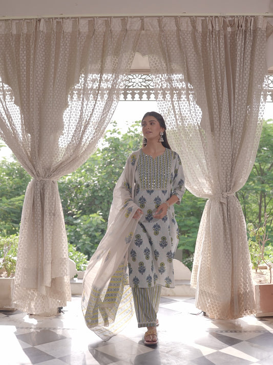 Kantha Cotton Floral Straight Blue Kurta