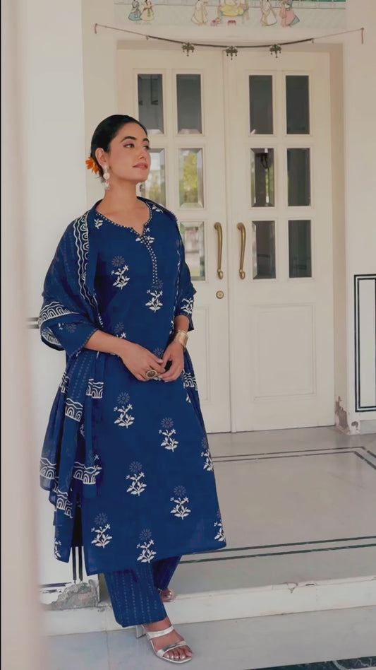 Embroidered Soft cotton Butta Straight Navy Blue Kurta