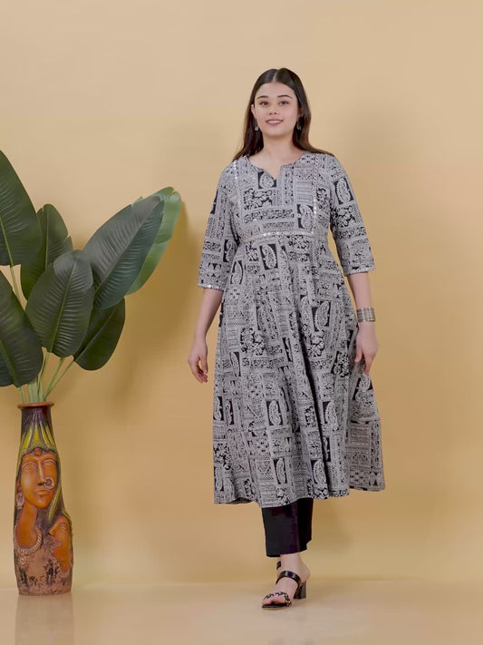 Embroidered Soft Cotton Patchwork Anarkali Black Kurta