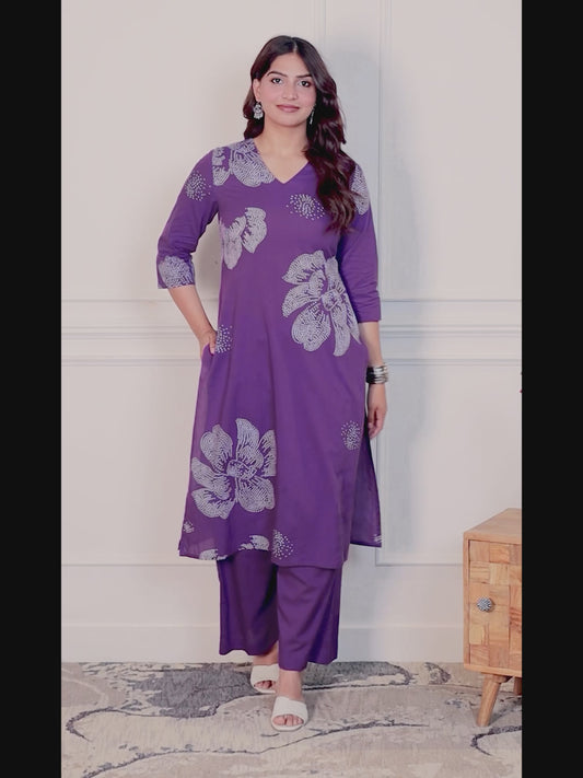 Soft cotton Floral Straight Purple Kurta
