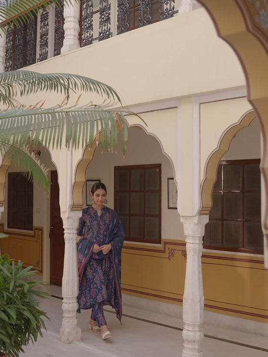 Soft Cotton Floral High Low Blue Kurta