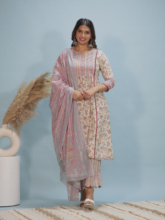 Embroidered Soft Cotton Floral Panelled Cream Kurta