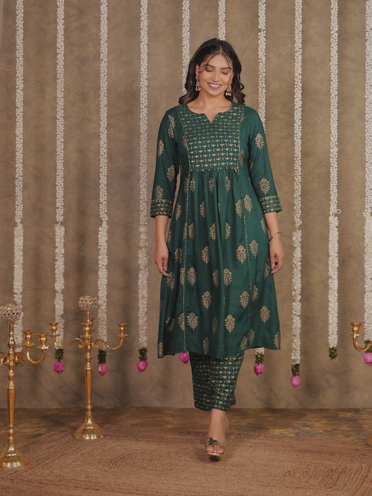 Viscose Block Print Flared Emerald Green Kurta