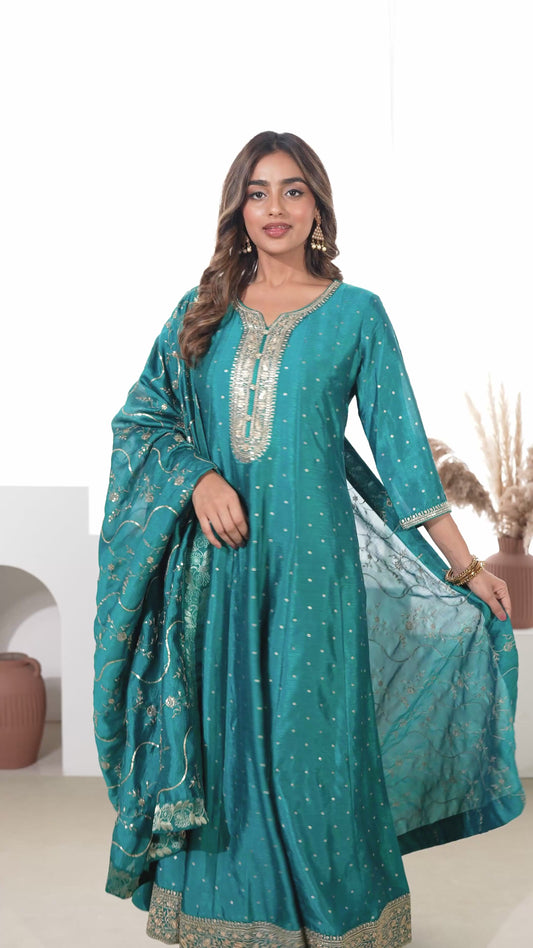 Embroidered Blended Silk Gold foil Peacock Green Kurta