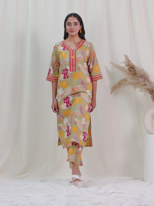 Soft Cotton Foliage Straight Olive Kurta
