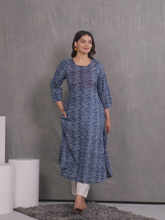 Embroidered Soft Cotton Geometric Flared Blue Kurta