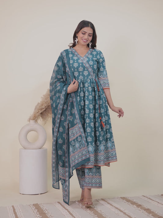 Soft Cotton Geometric Angrakha Blue Kurta