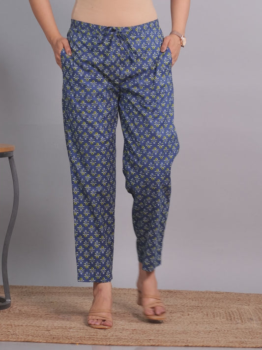 Soft Cotton Butti Blue Tapered Tapered Trousers