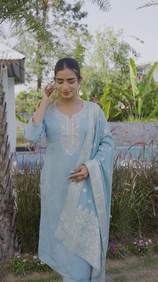 Embroidered Chanderi Solid Straight Blue Kurta