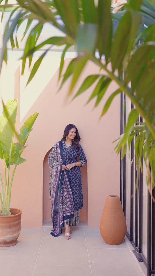 Soft Cotton Geometric A-line Indigo blue Kurta