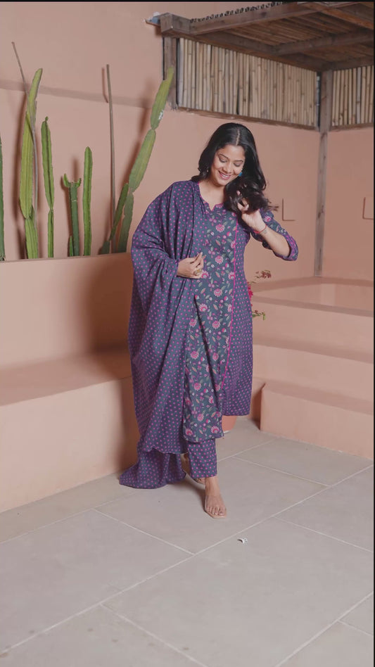 Embroidered Soft Cotton Floral A-line Blue