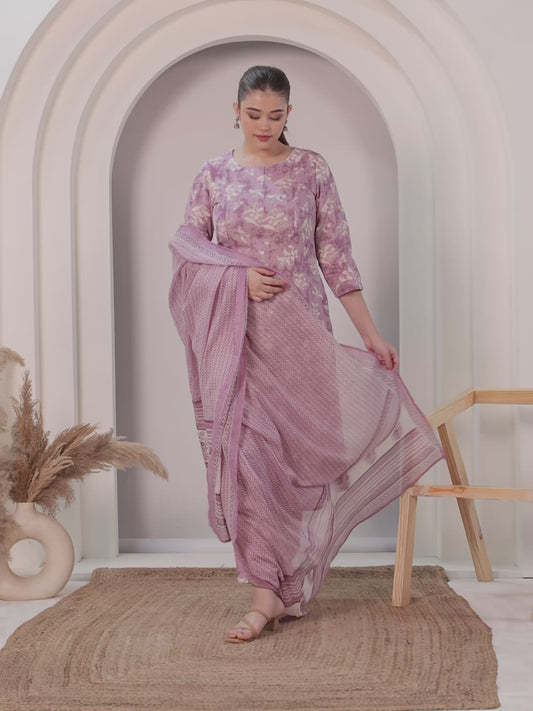 Kantha Cotton Floral Flared Mauve Kurta