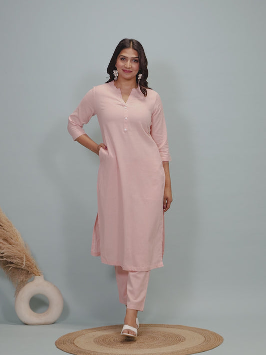 Linen Cotton Solid Straight Pink Kurta