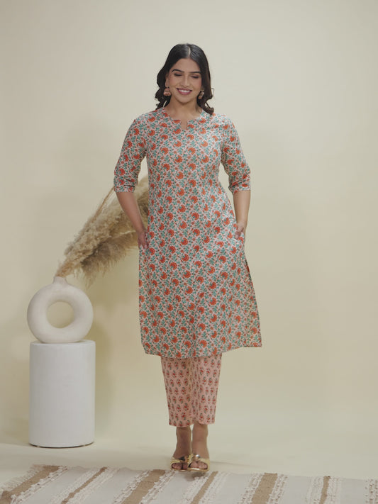 Soft Cotton Floral Straight Orange Kurta